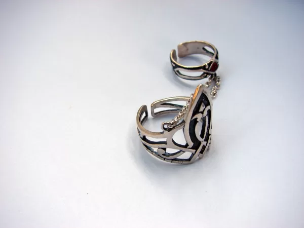 Double Rings Ethnic Style, Chains Linked, Silver Adjustable Multi-Finger Rings