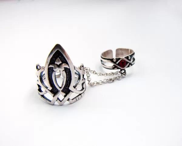 Double Rings Ethnic Style, Chains Linked, Silver Adjustable Multi-Finger Rings