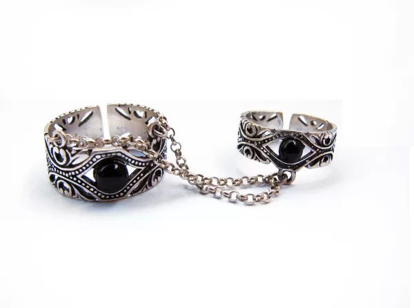 Ethnic Style Double Rings, Chains Linked, Silver Adjustable Multi-Finger Rings