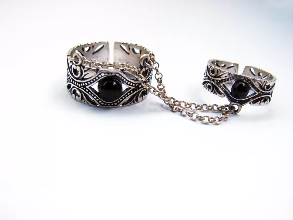 Ethnic Style Double Rings, Chains Linked, Silver Adjustable Multi-Finger Rings