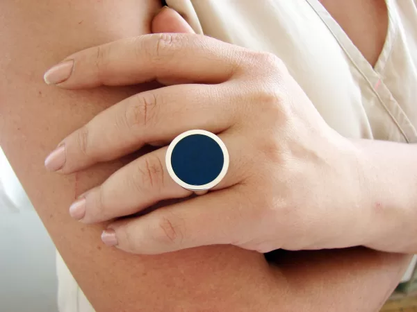 Large Round Ring Blue Enamel, Sterling Silver 925