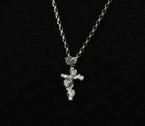 Silver Cross with Leaves, Silver Cross Pendant