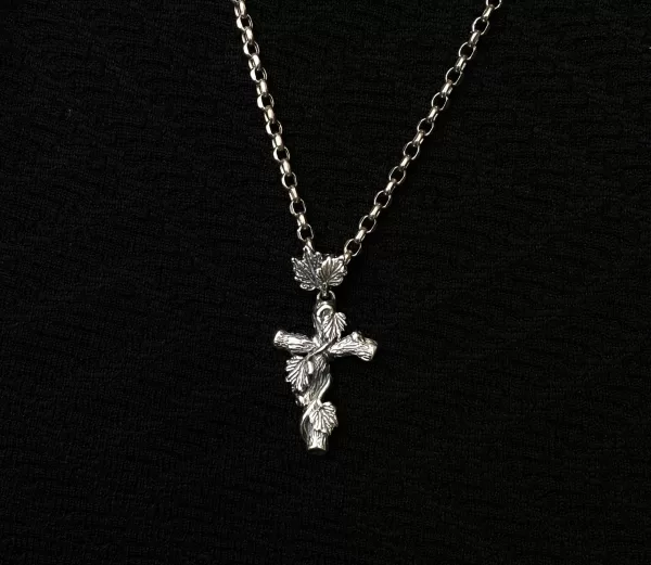 Silver Cross with Leaves, Silver Cross Pendant