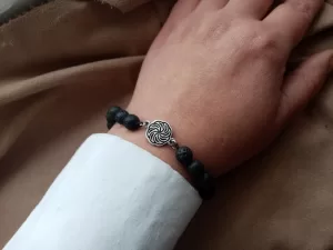 Sterling Silver Black Lava Stone and Wheel of Eternity Charm Bracelet