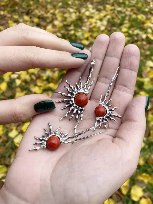 Sterling Silver Red Coral Sun Pendant