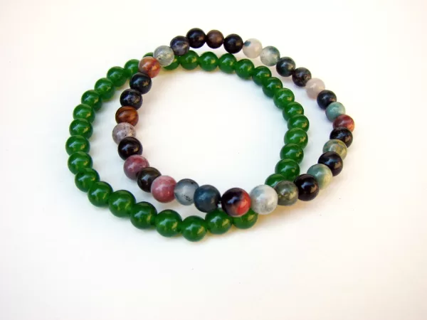 2 strand Bracelet Green Nephrite and Multi-Color Agate Beads