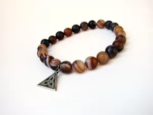 Matte Stripe Agate Bracelet with Silver Charm Celtic Knot