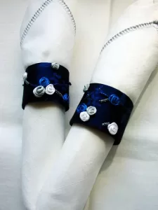 Blue Napkin Rings with Silk Ribbon Flowers (Set of 6)