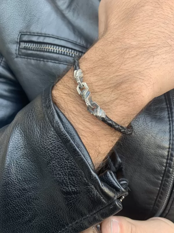 Men's Sterling Silver and Leather Bracelet