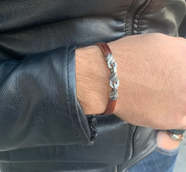 Men's Sterling Silver and Leather Bracelet