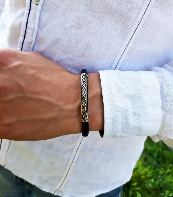 Men's Leather Bracelet with Silver Bar