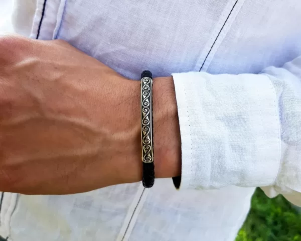 Men's Leather Bracelet with Silver Bar