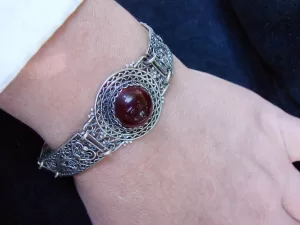 Ethnic Style Wide Bracelet with Garnet Sterling Silver 925