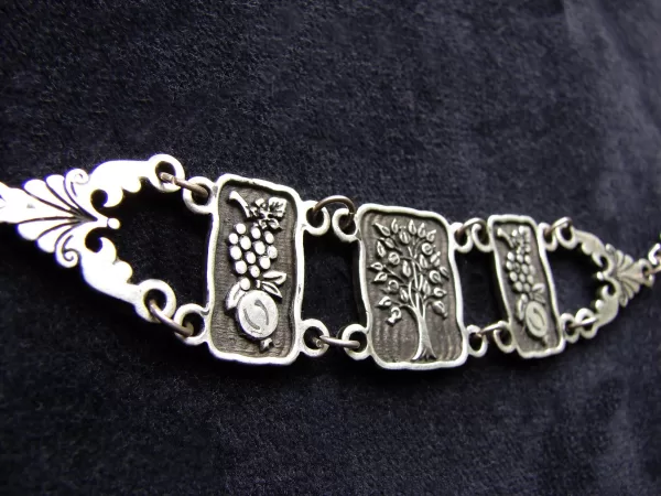 Tree of Life, Pomegranate, Grape, Wide Linked Silver Bracelet