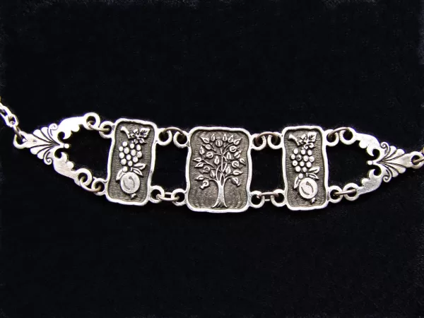 Tree of Life, Pomegranate, Grape, Wide Linked Silver Bracelet