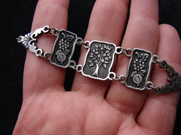 Tree of Life, Pomegranate, Grape, Wide Linked Silver Bracelet