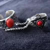 Coral Stones Silver Double Ring, Chain Linked, Multi-Finger Rings