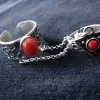 Coral Stones Silver Double Ring, Chain Linked, Multi-Finger Rings