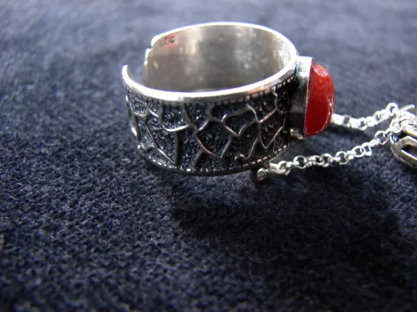 Coral Stones Silver Double Ring, Chain Linked, Multi-Finger Rings