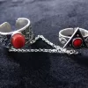 Coral Stones Silver Double Ring, Chain Linked, Multi-Finger Rings