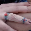 Coral Stones Silver Double Ring, Chain Linked, Multi-Finger Rings