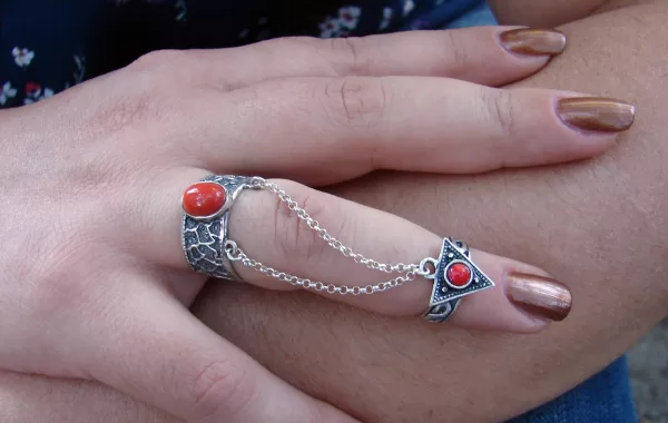 Coral Stones Silver Double Ring, Chain Linked, Multi-Finger Rings