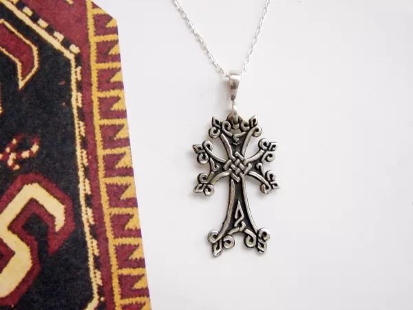 Armenian Cross Silver Pendant, Antique Khachqar Ornament