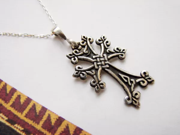 Armenian Cross Silver Pendant, Antique Khachqar Ornament