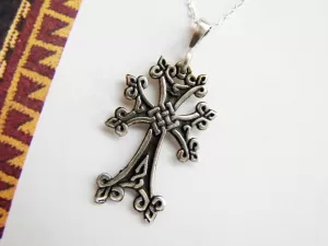 Armenian Cross Silver Pendant, Antique Khachqar Ornament