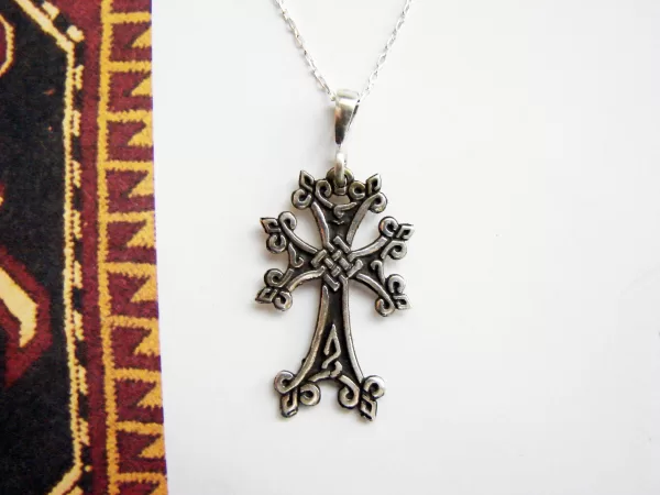 Armenian Cross Silver Pendant, Antique Khachqar Ornament