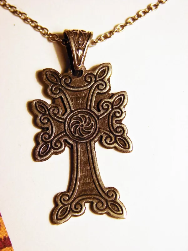 Sterling Silver Antique Khachqar Ornament Cross Necklace