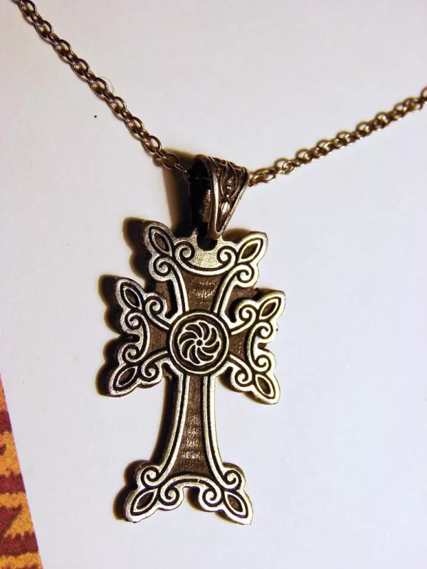 Sterling Silver Antique Khachqar Ornament Cross Necklace