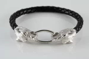 Wolf Sterling Silver and Leather Cuff Bracelet for Men