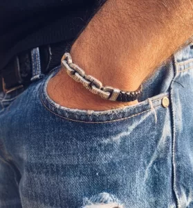 Men’s Leather Bracelet with Sterling Silver Chain