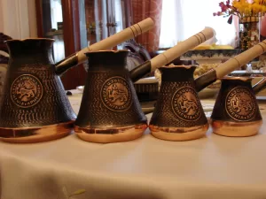 Armenian Jezve Handmade Copper Coffee Pot, Set of 4