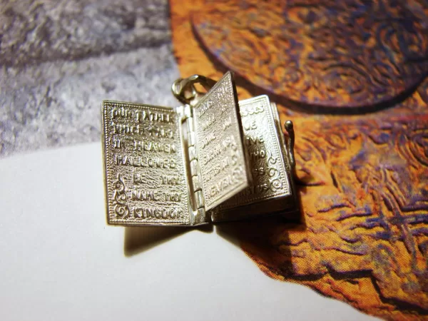 Lord's Prayer Our Father in English, Silver Miniature Prayer Book Pendant