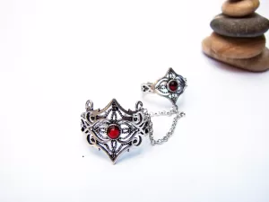 Sterling Silver Red Zirconia Elegant Double Ring