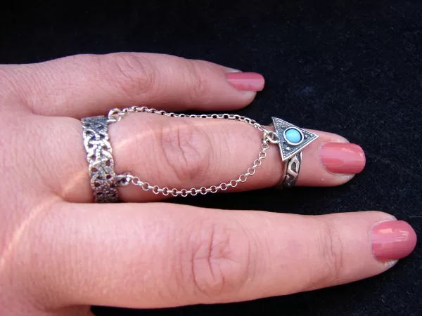 Triangle, Silver Double Ring Chain Linked