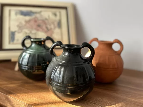 Author's Historical Ceramic Melon-Shaped Jug with Two Handles and Vertical Grooves