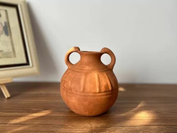 Author's Historical Ceramic Melon-Shaped Jug with Two Handles and Vertical Grooves