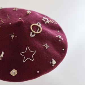 Wine-colored handmade beret with embroidered stars and moons