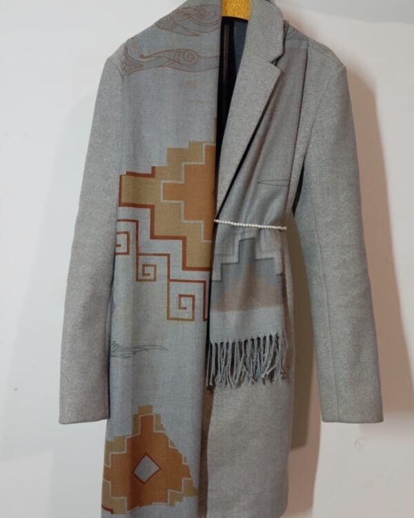 Grey Cashmere Scarf with Armenian Bird Letters and Carpet Motif