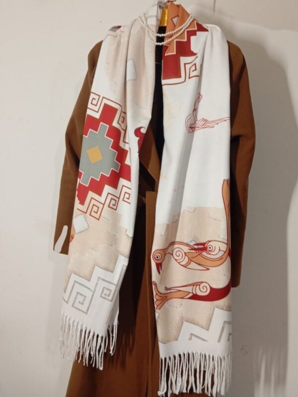 Luxury Cashmere Scarf with Armenian Bird Letter and Red Carpet Motifs