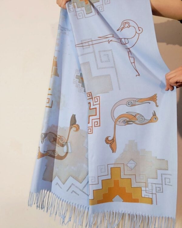 Light Blue Cashmere Scarf with Armenian Bird Letter and Carpet Pattern