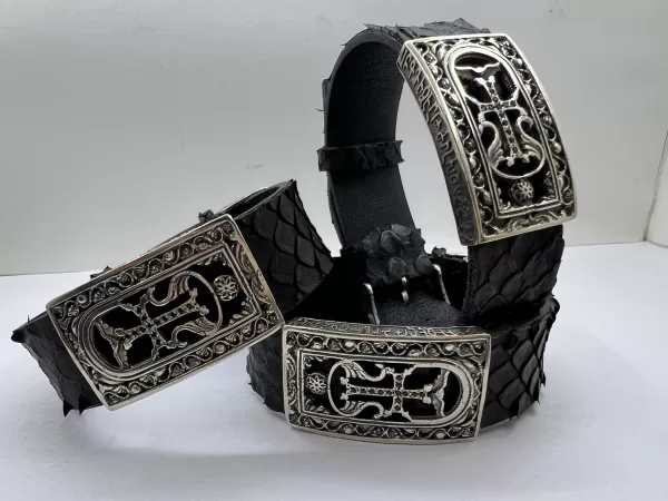 Sterling Silver and Python Leather Men's Cross Bracelet